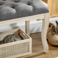 Panca Imbottita in Stile Classico, 110 cm, con Base in Legno di Caucciù Intagliato, Rivestimento in Lino, Grigio