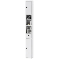 Colonna Bagno Salvaspazio con 2 Armadietti, 3 Ripiani Aperti e Cassetto, in Legno, 20x20x178 cm, Bianco