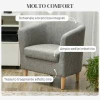 Poltrona Moderna a Pozzetto in Tessuto Effetto Lino con Gambe in Legno, 74x63x73cm, Grigio