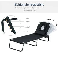 Sedia Sdraio da Esterno Pieghevole con Foro per il Viso e Cuscini, Lettino Prendisole da Giardino, Spiaggia e Campeggio,  Nero