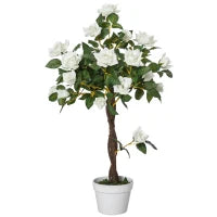 Pianta Finta di Rosa da 21 Fiori con Vaso Riempito in Cemento e Muschio, Pianta Artificiale in Plastica e Tessuto, Ø18x90 cm, Bianco e Verde