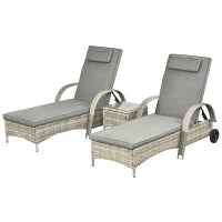 Set Lettini Prendisole con Tavolino da Giardino, Set da Giardino 3 Pezzi, Rattan Sintetico e Metallo, Grigio