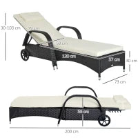 Lettino Prendisole da Giardino con Ruote, Sedia a Sdraio per Spiaggia con Altezza Regolabile in Rattan, Nero e Crema, 200x73x103cm