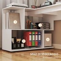 Scrivania Angolare Moderna per Ufficio con 4 Ripiani in Legno Bianco, 120x100x77 cm
