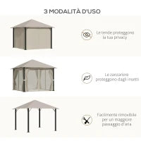 Gazebo da Giardino 3x3m in Alluminio e Acciaio con Prese d'Aria, Zanzariera e Tende, Cachi