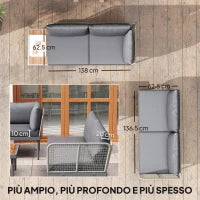 Set da Esterno 3 Pezzi con 2 Divanetti 2 Posti e Tavolino Basso, in Rattan e Acciaio Grigio e color Legno