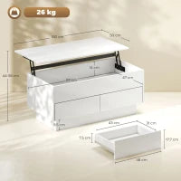 Tavolino da salotto con scomparto nascosto e 2 cassetti, 100 x 50 x 44 cm, bianco