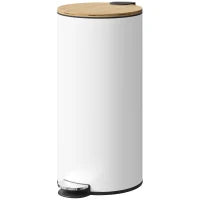 Bidone della Spazzatura per Cucina 30L con Pedale, Coperchio in Bambù con Chiusura Delicata e Cubo Estraibile, Bianco