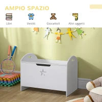 Baule Contenitore Portagiochi per Bambini (62x40x46.5cm) in Legno Bianco con Cerniere di Sicurezza