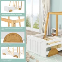 Letto Montessori a Forma di Jeep con Ruote e Sponde Protettive, Letto per Cameretta, Senza Materasso, in Legno e MDF, 90x200 cm, Bianco