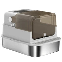 Lettiera per Gatti Chiusa XXL in Acciaio Inox, Coperchio Apribile a 90° e Doppie Porte, 70x50x46.5 cm, Grigio