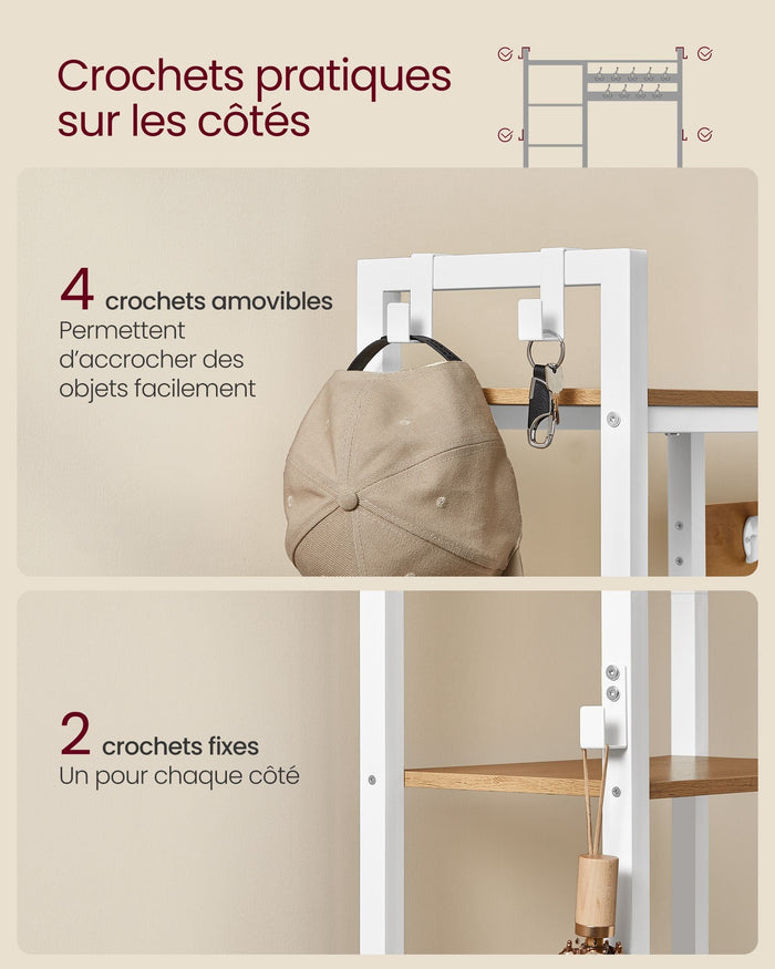 Appendiabiti da ingresso con scarpiera 5 ripiani portaoggetti 9 ganci e 6 ganci laterali 12_0007075