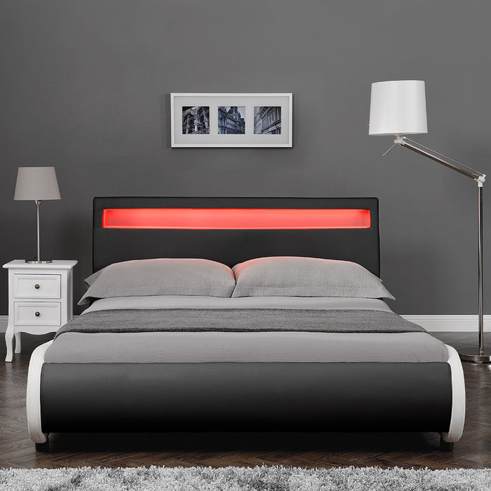 Letto Francese Imbottito Curvo 140x200 cm Testiera Alta con Illuminazione a LED Similpelle Nero Corium