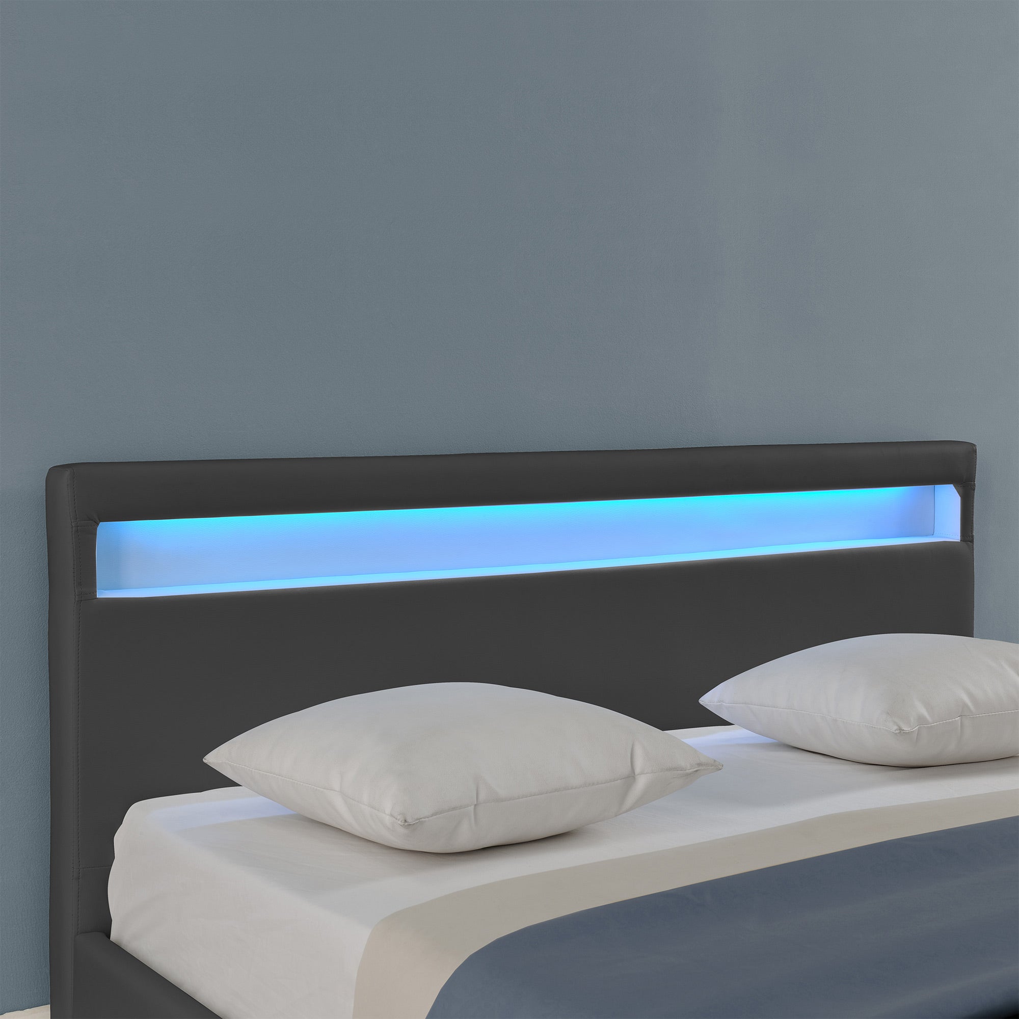 Letto Francese Imbottito 140x200 cm Testiera Alta con Illuminazione a LED Similpelle - Grigio scuro Corium
