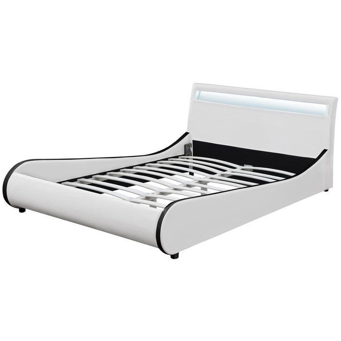 Letto Matrimoniale Imbottito Curvo 180x200 cm Testiera Alta con Illuminazione a LED Similpelle Bianco Corium