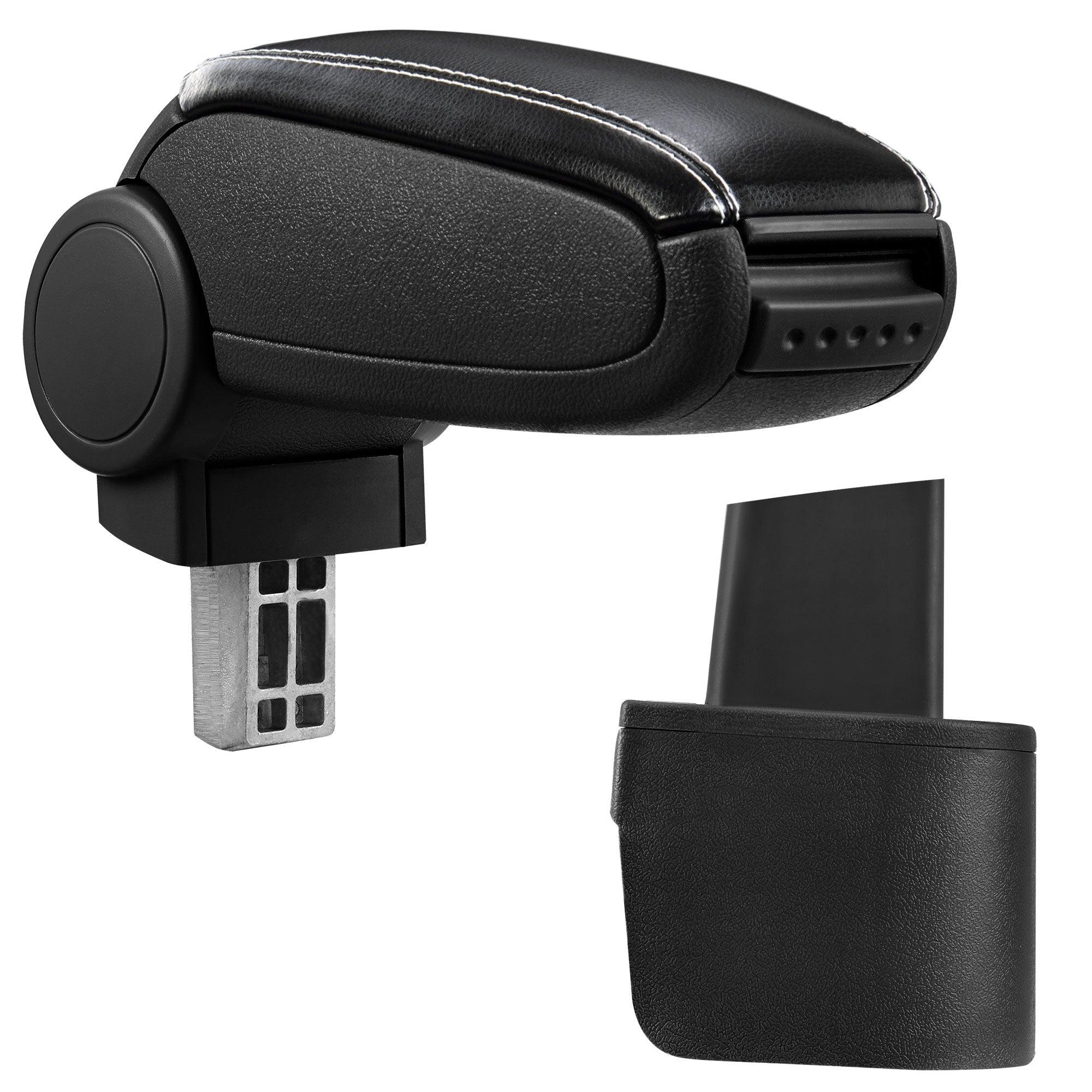 Bracciolo centrale per Nissan Micra con scomparto imbottito in pelle nera-sintetico con cuciture bianche 03_0000527