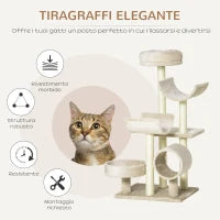 Albero Tiragraffi Gioco Giocattolo per Gatti con Diverse Piattaforme in Sisal Naturale Altezza 105cm Crema
