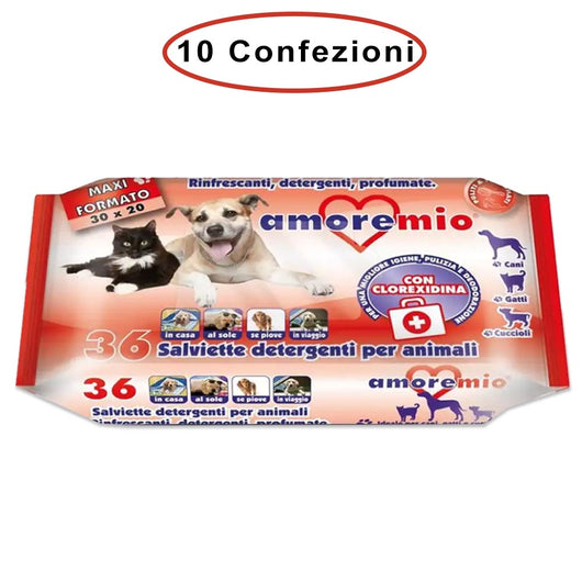 Amore mio salviette detergenti per cani gatti e cuccioli alla clorexidina 10 confezioni da 36 salviette