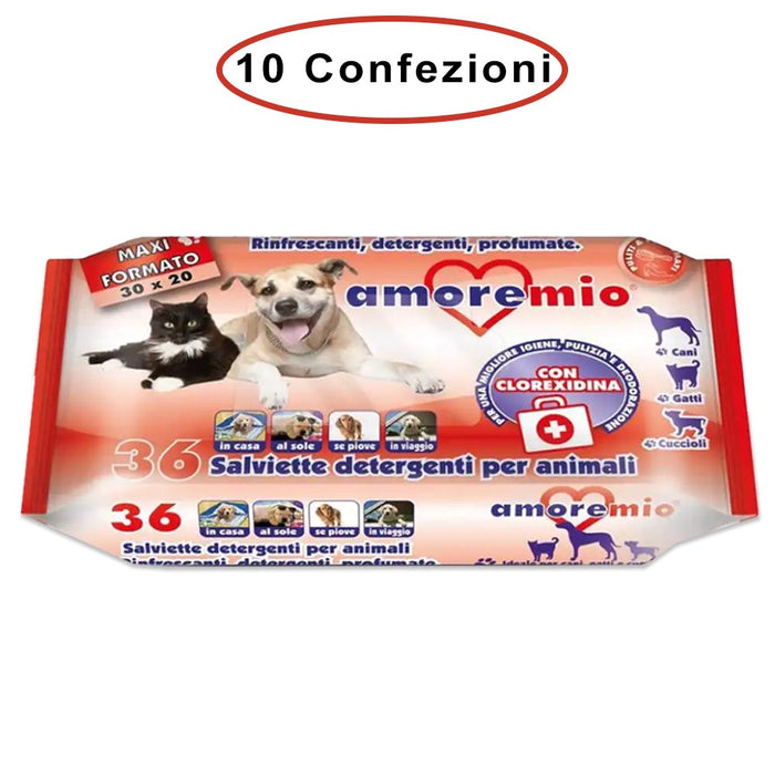 Amore mio salviette detergenti per cani gatti e cuccioli alla clorexidina 10 confezioni da 36 salviette