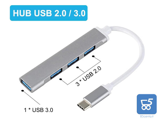 HUB USB type C 4 porte USB 3.0 Splitter Case in Alluminio Alta Velocità per PC e Smartphone