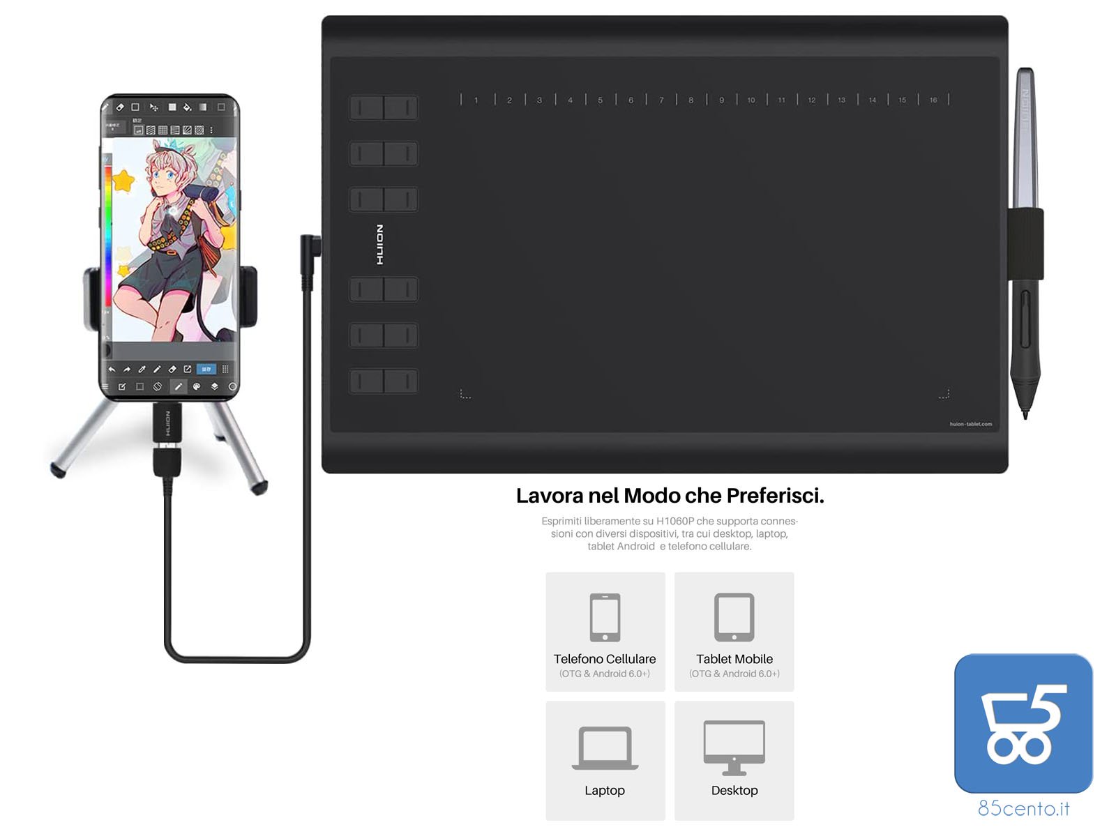 HUION H1060P Tavoletta Grafica con Area di lavoro da 10 x 6,25 pollici (dispositivi Android supportati) con Supporto per Stilo senza Batteria Insegnamento Lavoro Online Conferenze Web