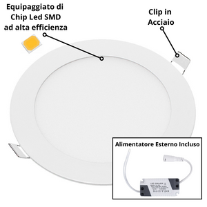 Pannello led incasso 155 cm 12watt slim tondo soffitto alimentatore incluso temperatura 2700k bianco