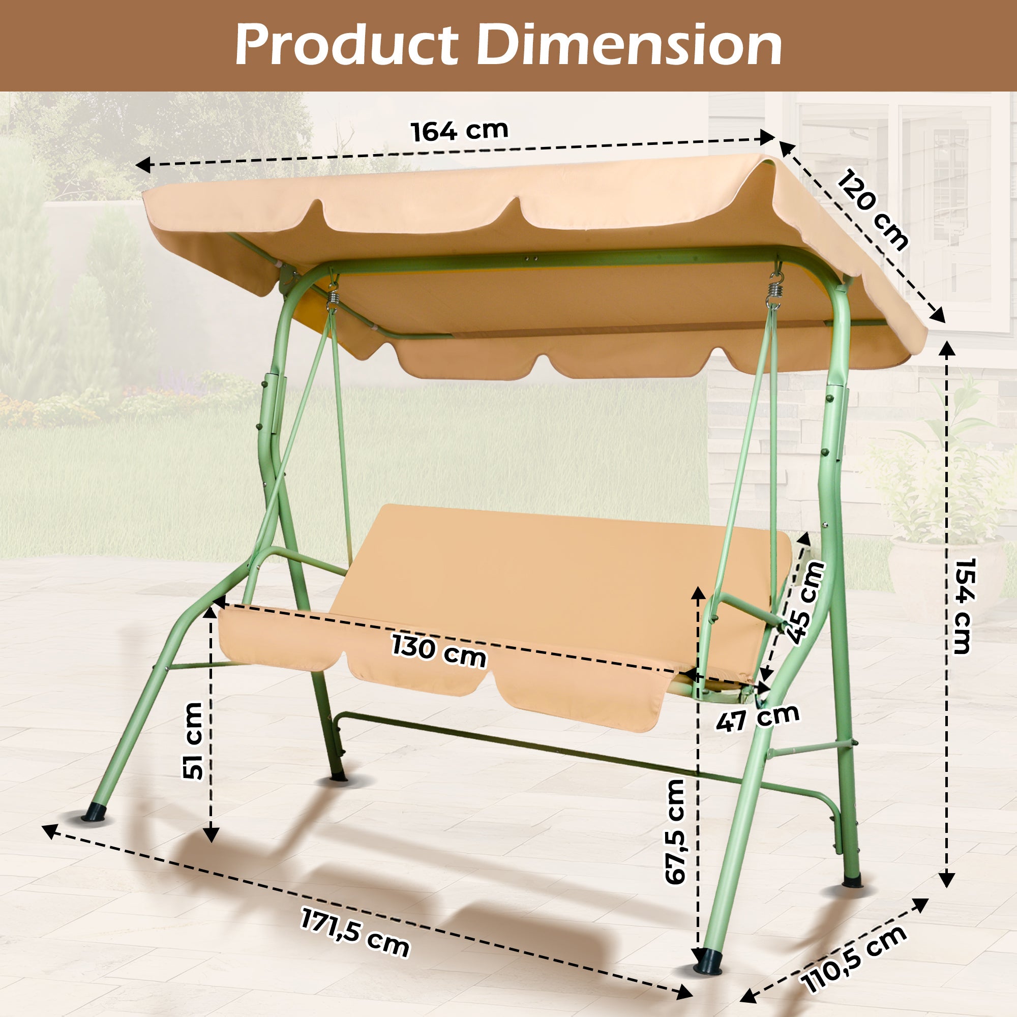 Hulaop - Dondolo 3 Posti da Giardino con Cuscino Imbottito e Tettuccio Parasole in Acciaio e Poliestere Beige