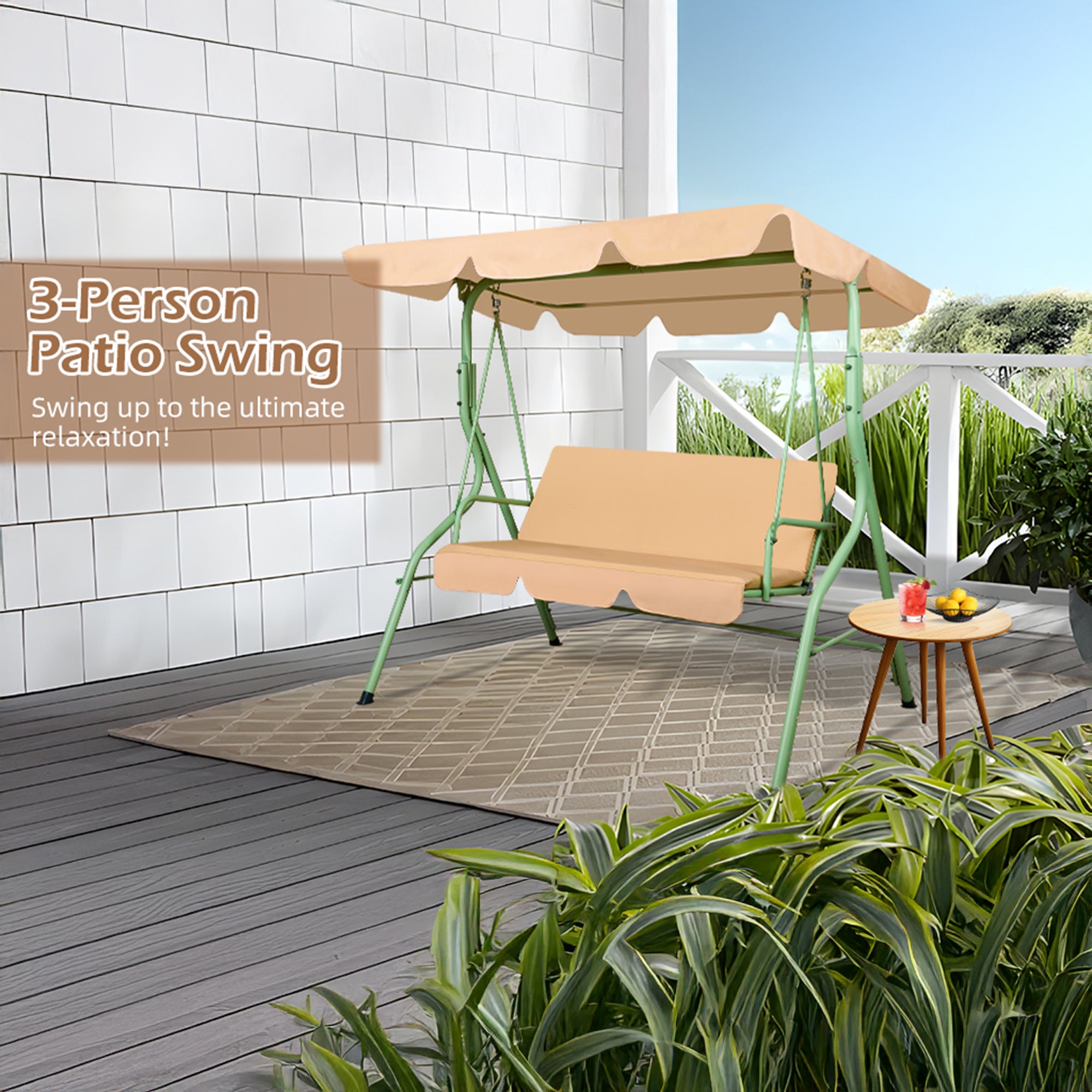 Hulaop - Dondolo 3 Posti da Giardino con Cuscino Imbottito e Tettuccio Parasole in Acciaio e Poliestere Beige