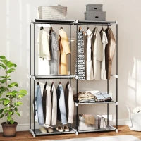 Armadio per Abiti Aperto con 4 Ripiani in Tessuto 3 Barre per Appendere Struttura in Metallo 142x43x185 cm Grigio Chiaro