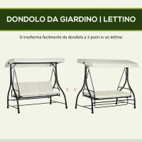Dondolo Letto da Giardino 3 Posti con Tettuccio Regolabile, in Acciaio e Poliestere, 195x117x175 cm, Crema e Nero