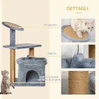 Tiragraffi per Gatti con Pali in Juta, Casetta e Cuscino, Rivestimento Peluche, Altezza 84cm, Grigio