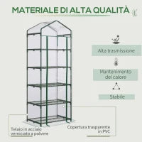 Mini Serra da Giardino e Terrazza per Piante a 5 Ripiani in Acciaio con Copertura in PVC, 69x49x193 cm, Verde