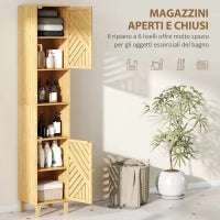 Mobile Colonna Bagno con 2 Armadietti e 2 Ripiani con Scaffale Regolabile, in Bambù e Truciolato, 32x30x170 cm