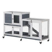 Recinto interno per conigli in legno con ruote 2 piani rampe, 147L x 45,5l x 88,5H cm, grigio e bianco