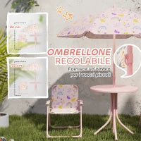 Set da Giardino per Bambini 2-5 Anni con Tavolino Rotondo, 2 Sedie Pieghevoli e un Ombrellone, Rosa