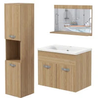 kleankin Set di Mobili per il Bagno Armadietto Specchiera, Mobile Sottolavabo Sospeso con Lavabo, Colonna, Naturale