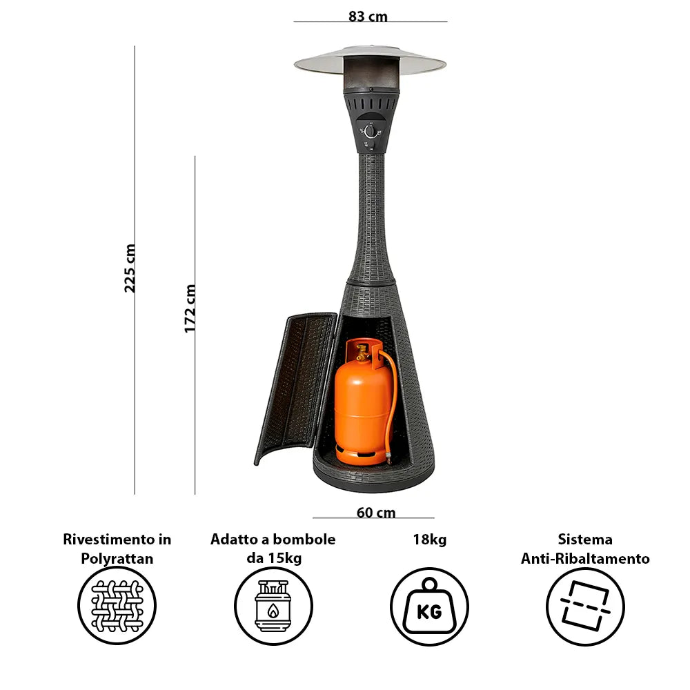 TEMPO STYLE - Fungo riscaldante per esterno pronto all'uso HABITAT Nero, polyrattan ed acciaio | 10kw per riscaldare fino a 50 m² | da 15 a 40h di funzionamento