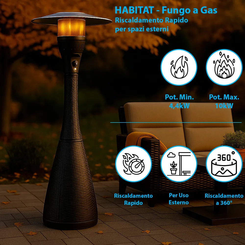 TEMPO STYLE - Fungo riscaldante per esterno pronto all'uso HABITAT Nero, polyrattan ed acciaio | 10kw per riscaldare fino a 50 m² | da 15 a 40h di funzionamento