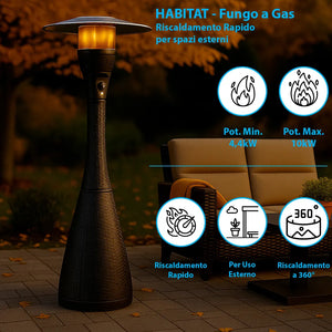 TEMPO STYLE - Fungo riscaldante per esterno pronto all'uso HABITAT Nero, polyrattan ed acciaio | 10kw per riscaldare fino a 50 m² | da 15 a 40h di funzionamento