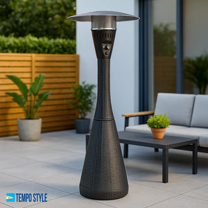 TEMPO STYLE - Fungo riscaldante per esterno pronto all'uso HABITAT Nero, polyrattan ed acciaio | 10kw per riscaldare fino a 50 m² | da 15 a 40h di funzionamento