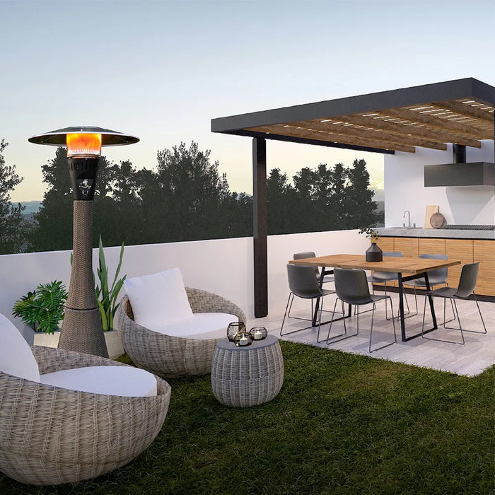 TEMPO STYLE - Fungo riscaldante per esterno pronto all'uso HABITAT Torba, polyrattan ed acciaio | 10kw per riscaldare fino a 50 m² | da 15 a 40h di funzionamento