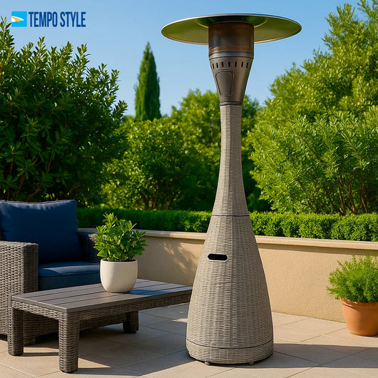 TEMPO STYLE - Fungo riscaldante per esterno pronto all'uso HABITAT Torba, polyrattan ed acciaio | 10kw per riscaldare fino a 50 m² | da 15 a 40h di funzionamento