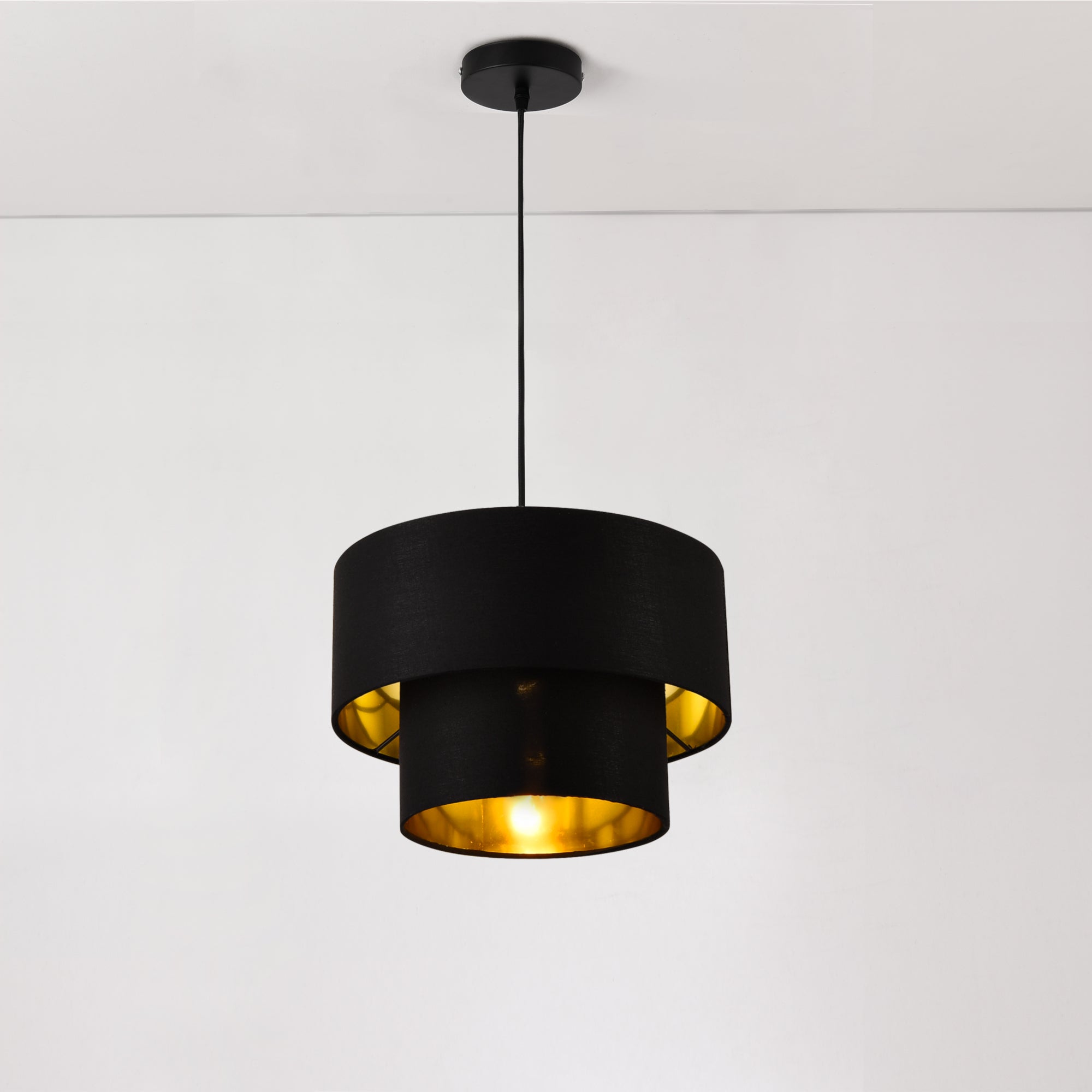 Lampada a Sospensione Lopar con Doppio Paralume in Tessuto Ø 30 cm - Nero / Oro lux.pro