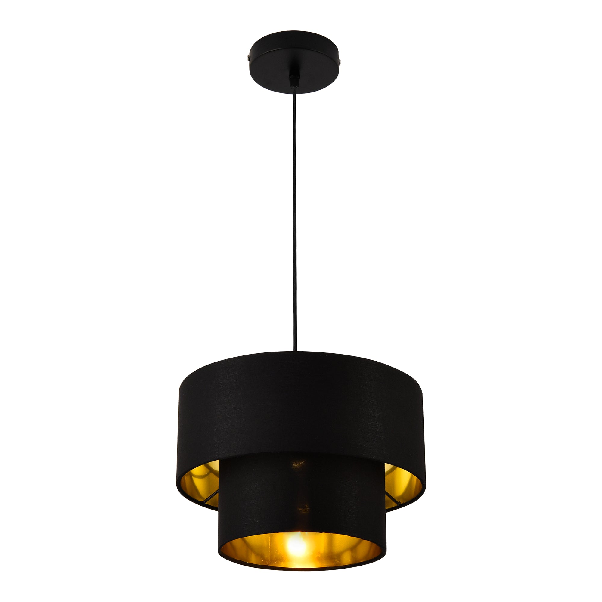 Lampada a Sospensione Lopar con Doppio Paralume in Tessuto Ø 30 cm - Nero / Oro lux.pro