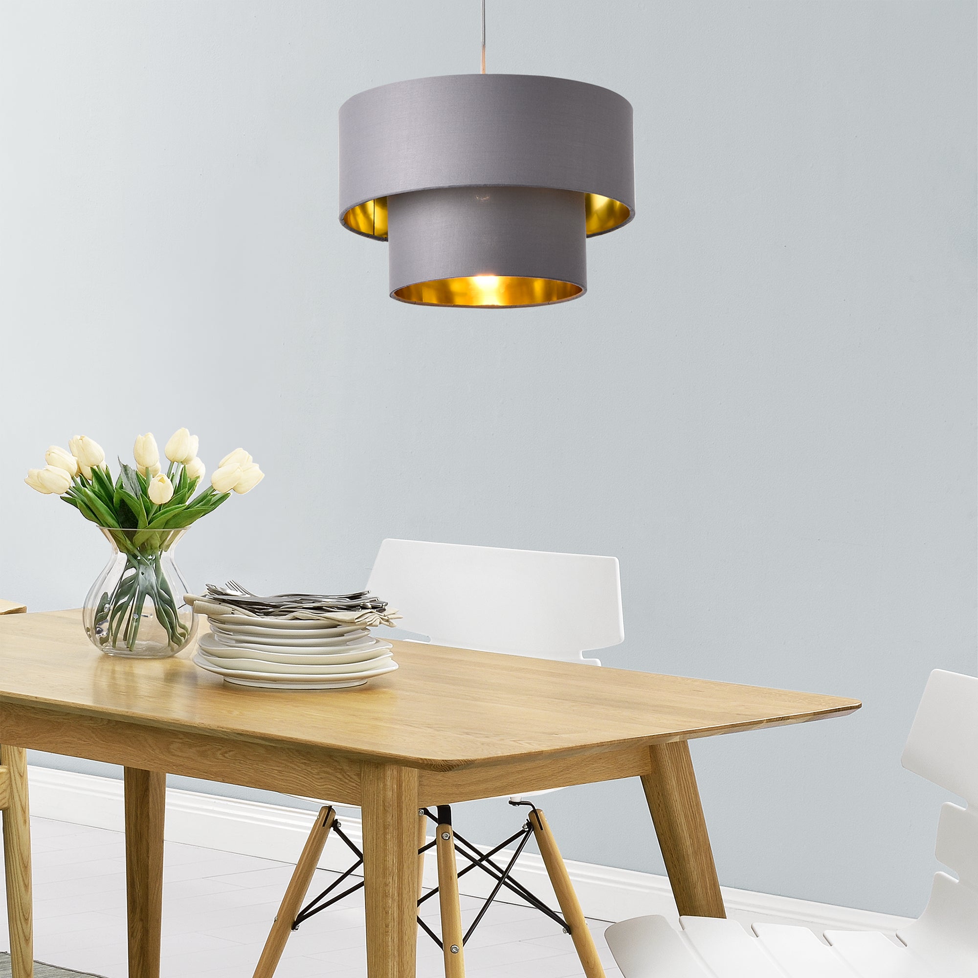 Lampada a Sospensione Lopar con Doppio Paralume in Tessuto Ø 30 cm - Grigio / Oro lux.pro