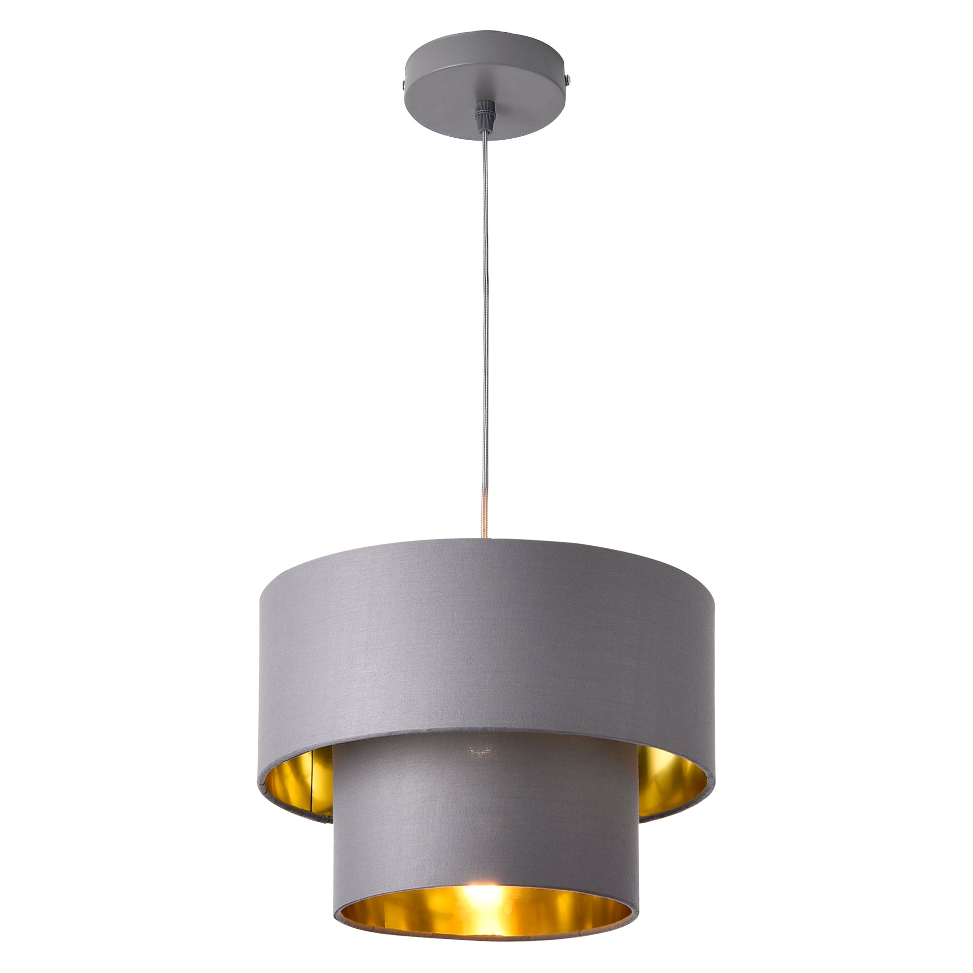 Lampada a Sospensione Lopar con Doppio Paralume in Tessuto Ø 30 cm - Grigio / Oro lux.pro