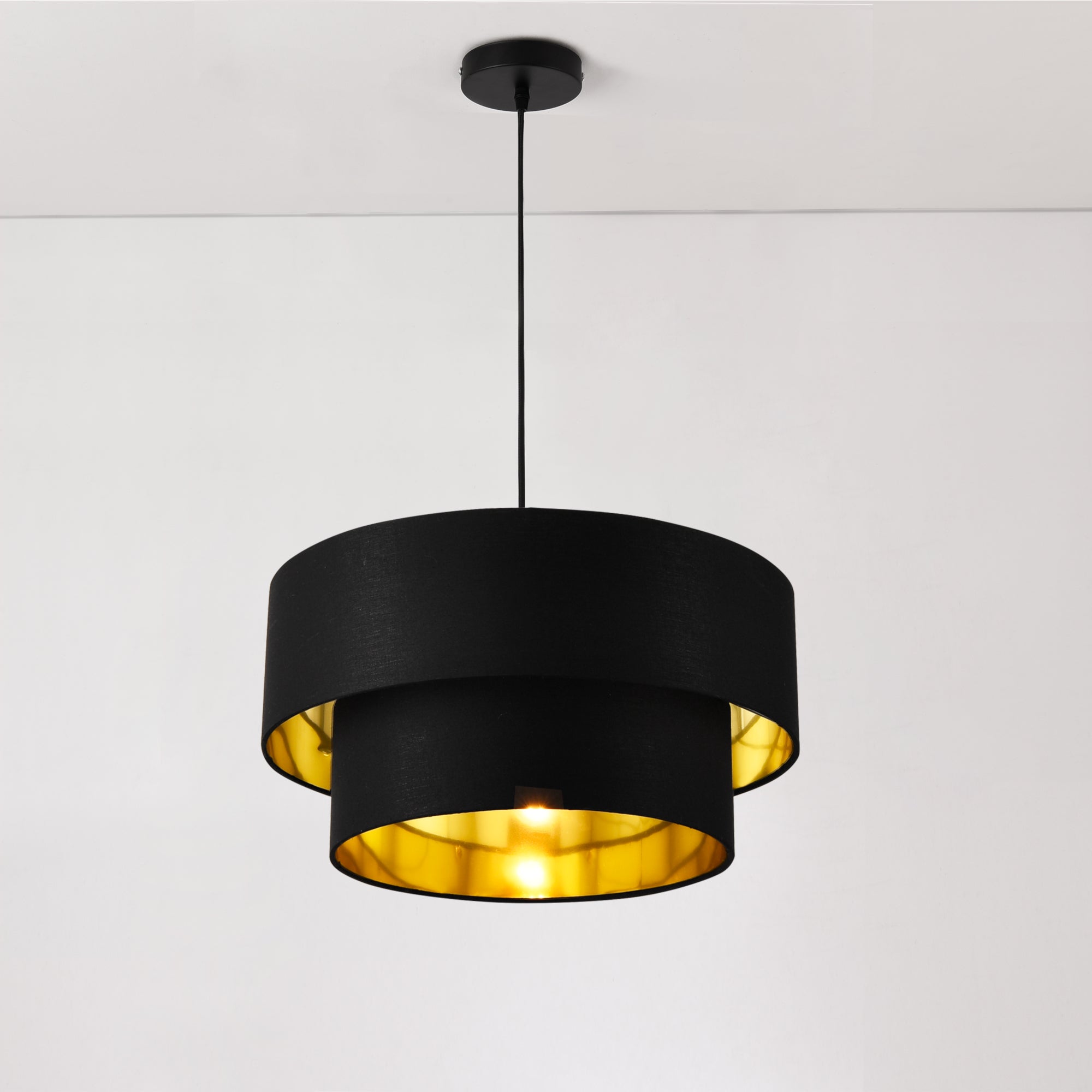 Lampada a Sospensione Lopar con Doppio Paralume in Tessuto Ø 40 cm - Nero / Oro lux.pro