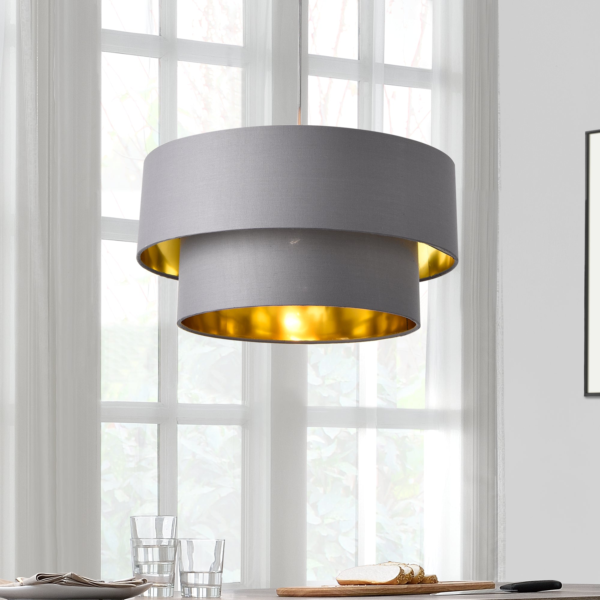 Lampada a Sospensione Lopar con Doppio Paralume in Tessuto Ø 40 cm - Grigio / Oro lux.pro