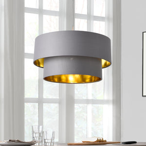 Lampada a Sospensione Lopar con Doppio Paralume in Tessuto Ø 40 cm - Grigio / Oro lux.pro