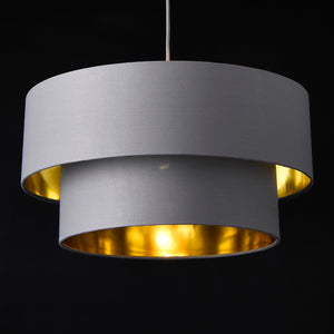 Lampada a Sospensione Lopar con Doppio Paralume in Tessuto Ø 40 cm - Grigio / Oro lux.pro